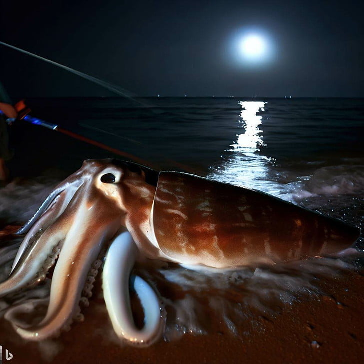 「磯の夜釣りで釣り上げられた巨大イカ」by DALL-E