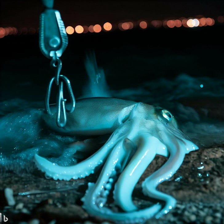 「磯からの夜釣りで釣り上げられたスルメイカ」by DALL-E